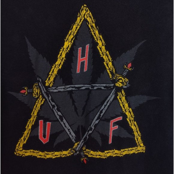 HUF Pentagram (BACK) Swords Weed Leaf Satan Skate Faded Black T-Shirt Mens M - Picture 2 of 7
